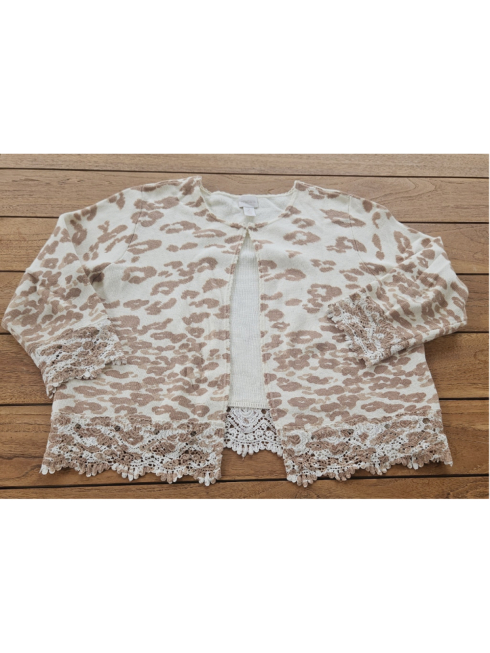 CHICO’S Women’s Acorn Brown Cheetah Lace Hem CHARLEE Cardigan Sweater Sz 2 or L